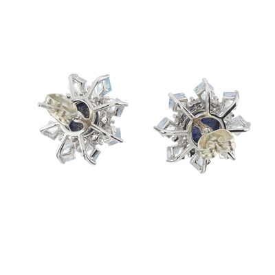 Lot 53 - A pair of platinum lapis lazuli, blue topaz and brilliant-cut diamond cluster earrings