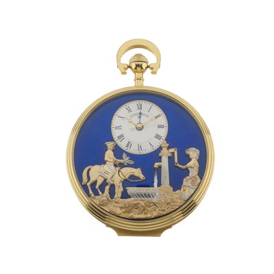 Lot 187 - Charles Reuge, a gold plated open face automata pocket watch with alarm and hidden erotic scene