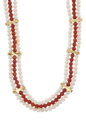 Lot 129 - A coral and cultured pearl three-row necklace, with 18ct gold clasp