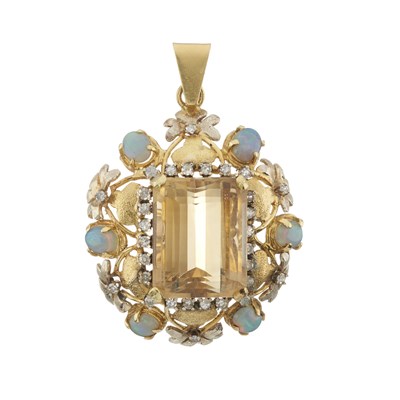 Lot 51 - An 18ct gold citrine, opal and diamond foliate pendant