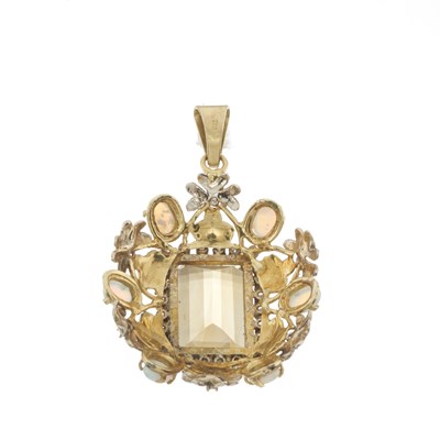 Lot 51 - An 18ct gold citrine, opal and diamond foliate pendant