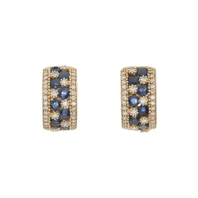 Lot 49 - A pair of 14ct gold sapphire and diamond hoop earrings