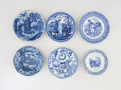 Lot 594 - Six blue and white printed nursery plates,...