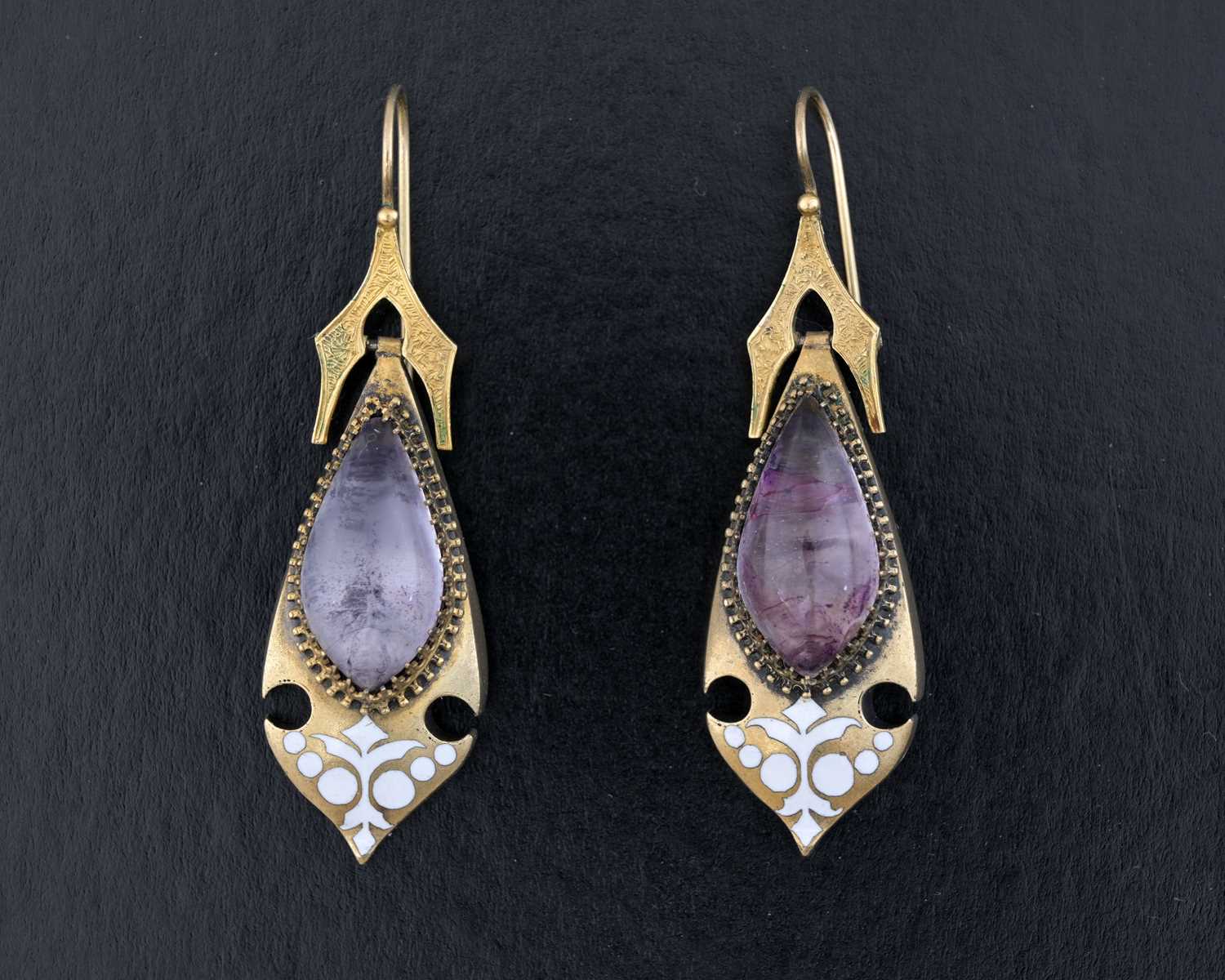 Lot 15 - A pair of Art Nouveau yellow metal foil-back gem and enamel earrings