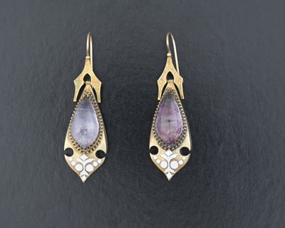 Lot 15 - A pair of Art Nouveau yellow metal foil-back gem and enamel earrings