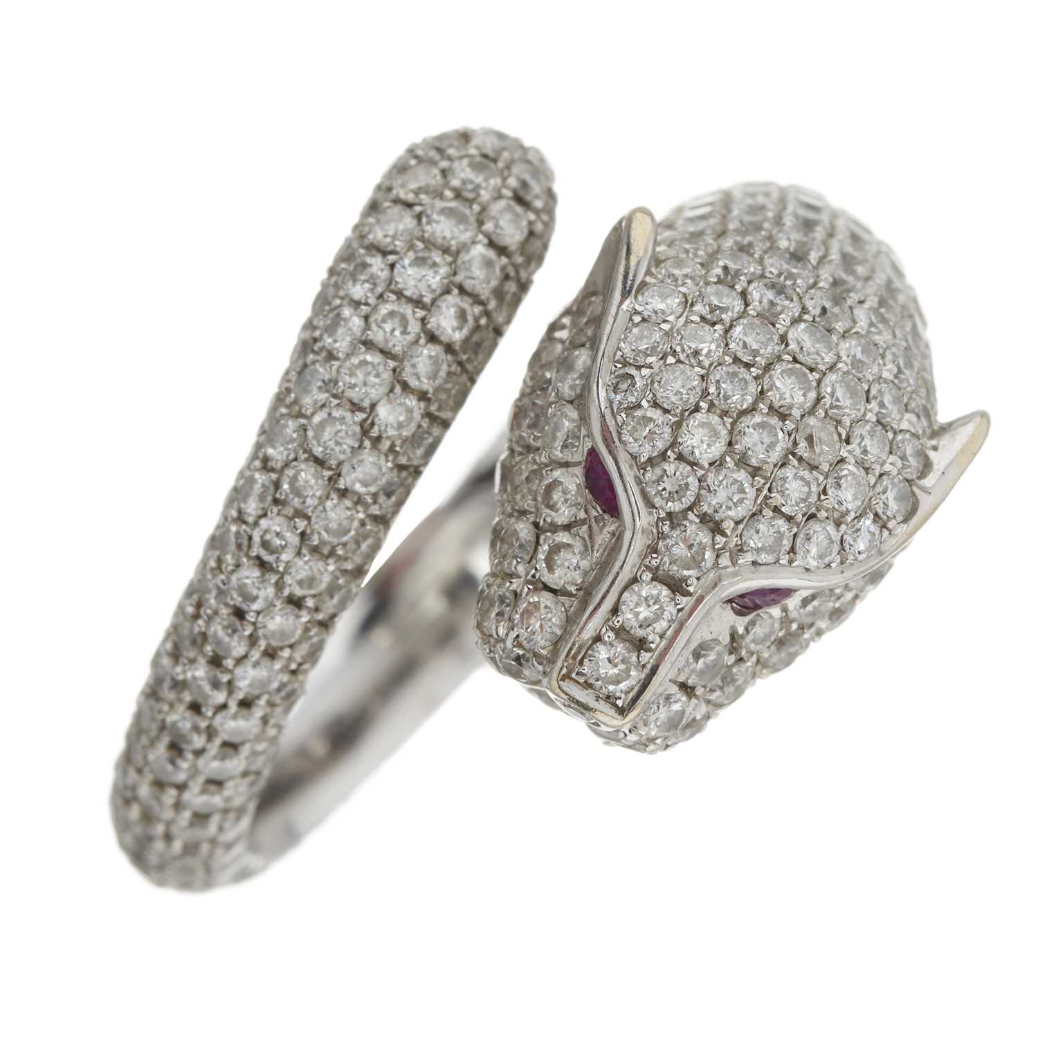 Lot 78 - An 18ct gold brilliant-cut diamond and ruby panther ring