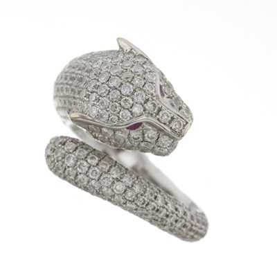 Lot 78 - An 18ct gold brilliant-cut diamond and ruby panther ring