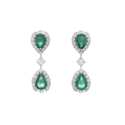 Lot 57 - A pair of 18ct gold emerald and diamond cluster drop earrings