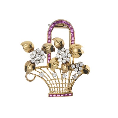 Lot 105 - A mid 20th century 18ct gold diamond and ruby jardiniere brooch