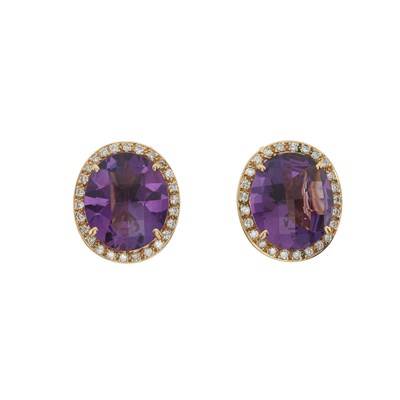 Lot 104 - A pair of 18ct gold amethyst and diamond cluster earrings