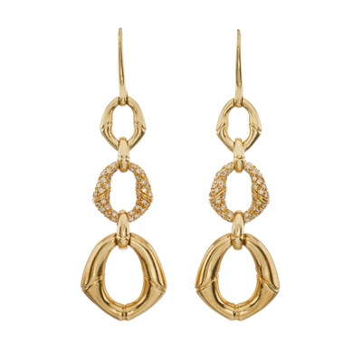 Lot 69 - Gucci, a rare pair of 18ct gold diamond Bamboo drop earrings