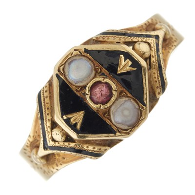 Lot 14 - A 19th century gold ruby, pearl and black enamel mourning ring