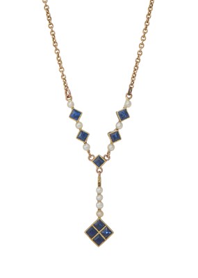 Lot 18 - An Edwardian gold sapphire and pearl drop necklace