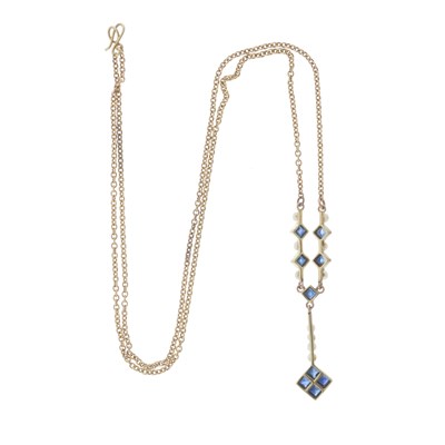 Lot 18 - An Edwardian gold sapphire and pearl drop necklace