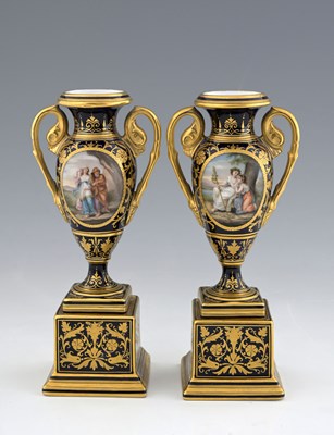 Lot 466 - A pair of Vienna porcelain vases, twin handled...