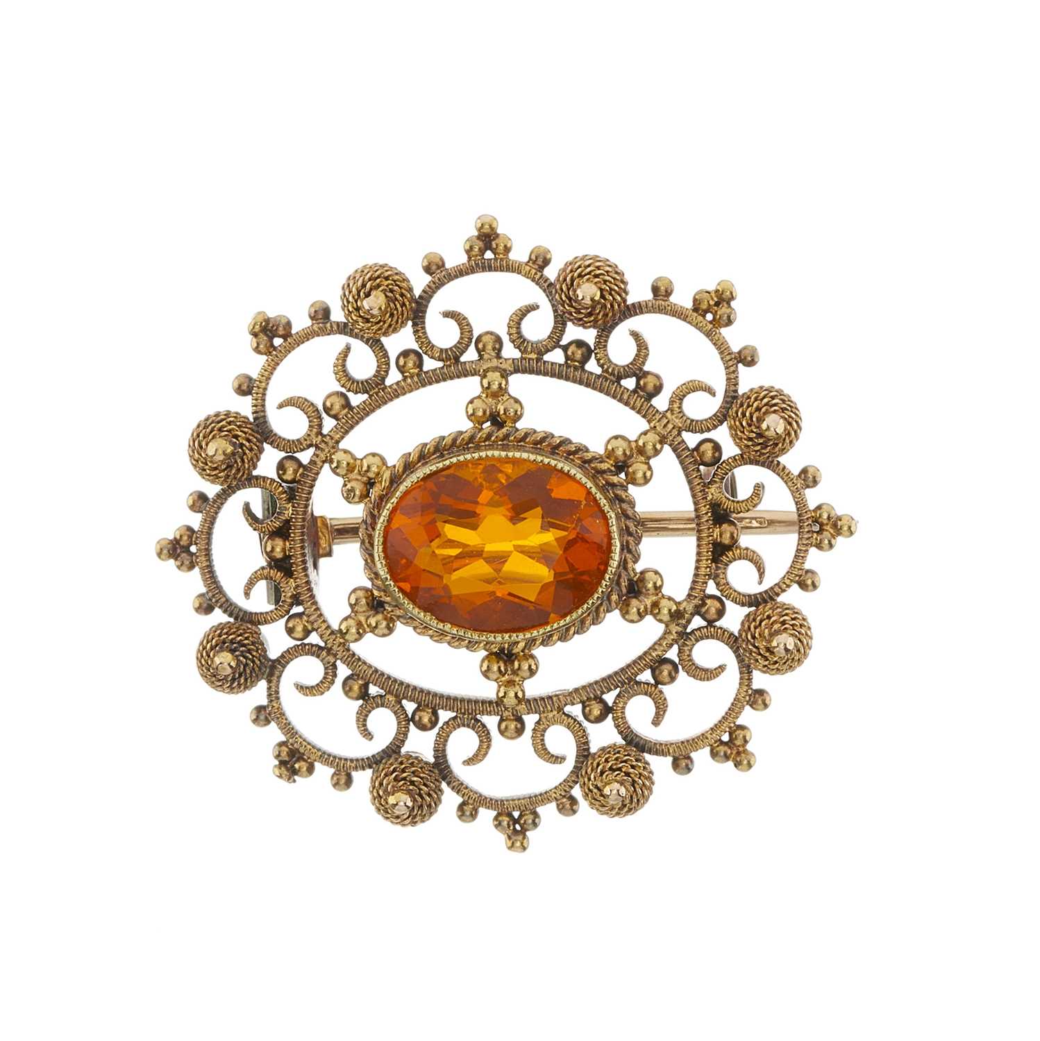 Lot 3 - A late Georgian 15ct gold fire opal cannetille brooch, circa 1830