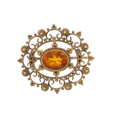 Lot 3 - A late Georgian 15ct gold fire opal cannetille brooch, circa 1830