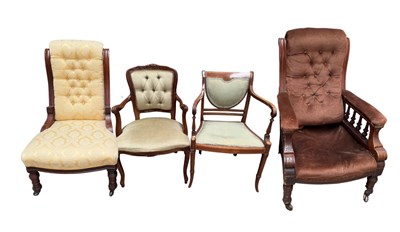 Lot 607 - Three upholstered mahogany armchairs, matched...