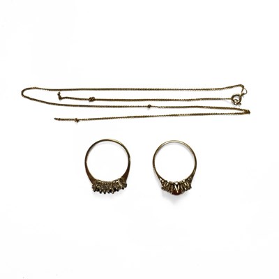 Lot 412 - Two 9ct gold gem-set rings and a 9ct gold chain