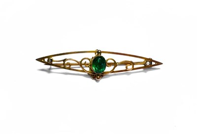 Lot 445 - An early 20th century 9ct gold green paste and imitation pearl openwork brooch