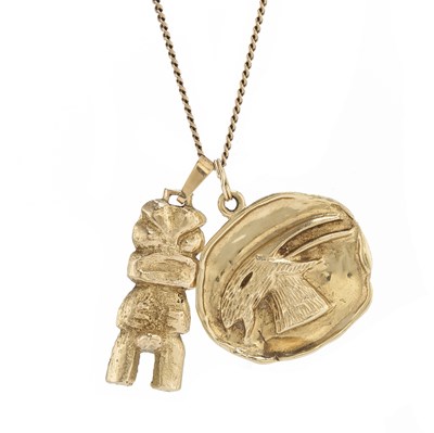 Lot 186 - A 9ct gold curb-link chain, suspending a zodiac and a fertility pendant