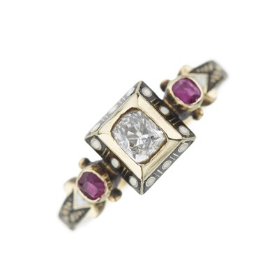 Lot 30 - A 19th century gold Renaissance Revival diamond, ruby and enamel ring