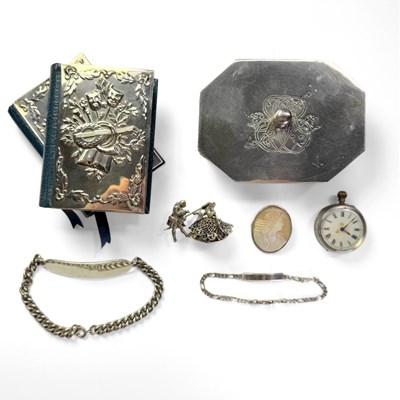 Lot 493 - A selection of white metal jewellery, a pocket watch and two miniature books