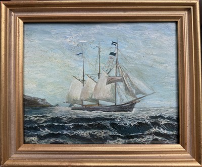 Lot 349 - A naive sailing ship at sea, oil on board,...