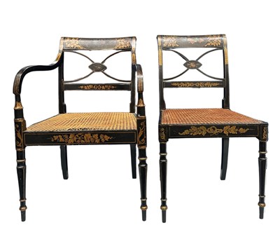Lot 570 - Two Regency style Japanned chairs, with...