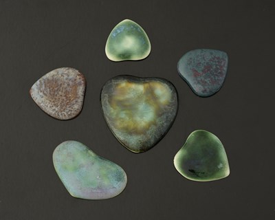 Lot 515 - Ruskin Pottery, six heart shaped Souffle...