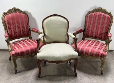 Lot 765 - A pair of Louis XV style giltwood fauteuils,...