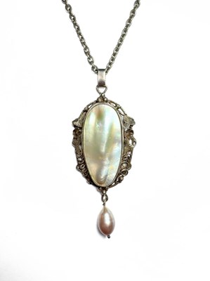 Lot 455 - An Arts & Crafts style pearl pendant, with chain