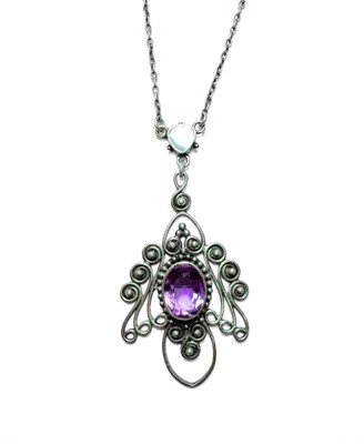Lot 462 - A mid 20th century white metal amethyst and pearl pendant, with chain