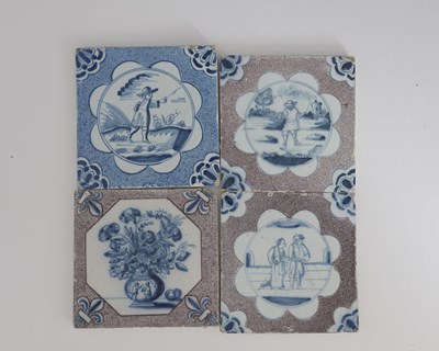 Lot 608 - Four English Delft tiles, probably Bristol...
