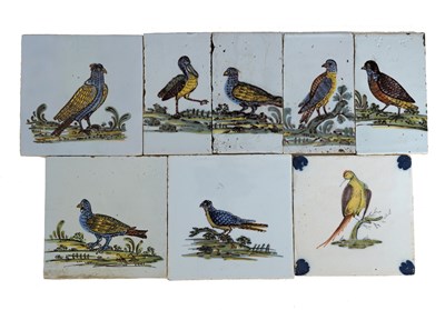 Lot 616 - Eight English Delft bird tiles, circa 1760 to...