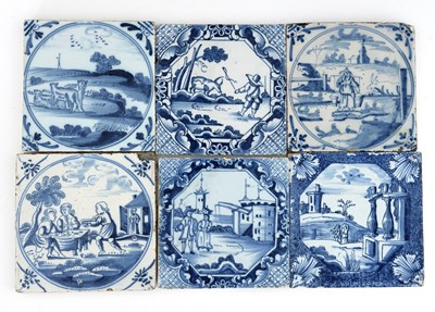 Lot 606 - Six English Delft blue and white tiles,...