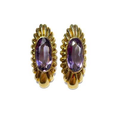 Lot 448 - A pair of 9ct gold amethyst earrings