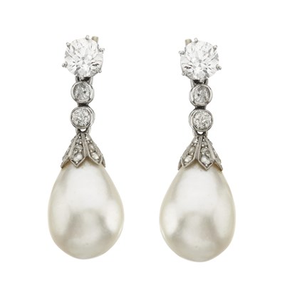 Lot 45 - An exceptional pair of Belle Epoque natural pearl and diamond drop earrings