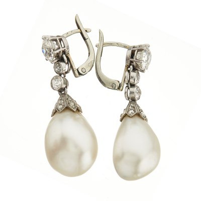 Lot 45 - An exceptional pair of Belle Epoque natural pearl and diamond drop earrings