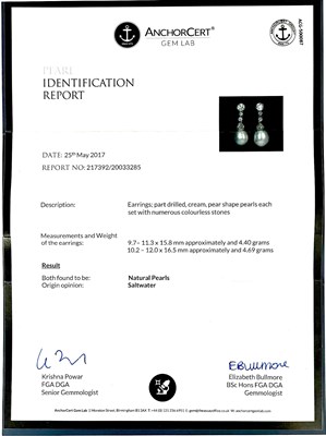 Lot 45 - An exceptional pair of Belle Epoque natural pearl and diamond drop earrings