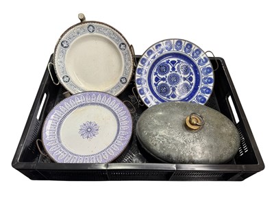 Lot 14 - Three blue and white enamel warming plates and...