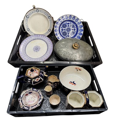 Lot 51 - Three blue and white enamel warming plates and...