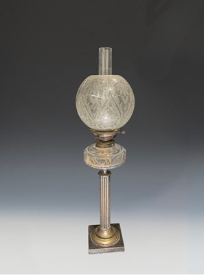 Lot 619 - A Messenger brass oil lamp, with acid-etched...