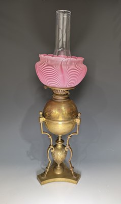 Lot 620 - A Victorian Hink’s Duplex brass oil lamp with...