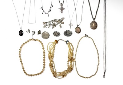 Lot 387 - A selection of silver jewellery and white metal jewellery and three imitation pearl necklaces