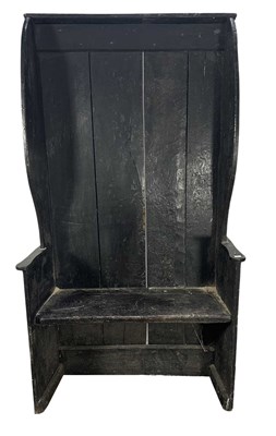 Lot 738 - A stained oak high back hall or pub settle,...