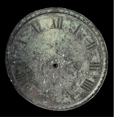 Lot 713 - A large copper clock face, painted with roman...