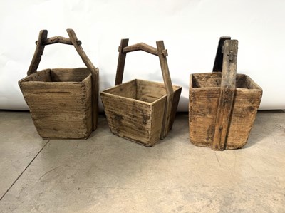 Lot 516 - Three square form rice or grain buckets with...