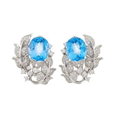 Lot 143 - A pair of 18ct gold blue topaz and diamond foliate earrings