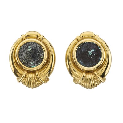 Lot 137 - A pair of 18ct gold earrings, set with Constans (A.D. 337-350) Roman coins